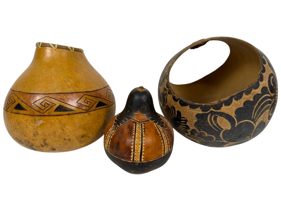 (3) Hand Carved Gourds 4.25'H - 8'H