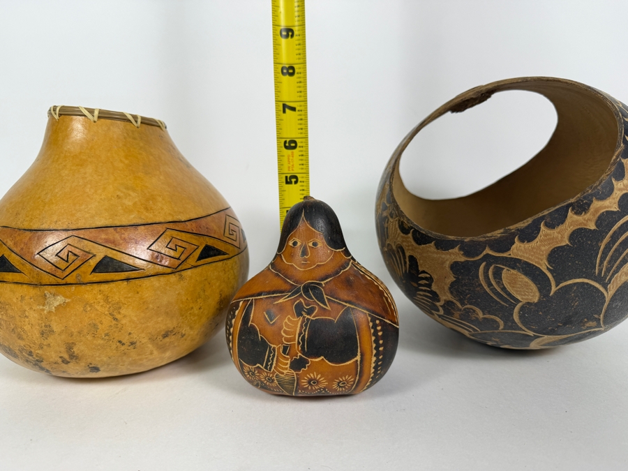 (3) Hand Carved Gourds 4.25'H - 8'H [Photo 10]