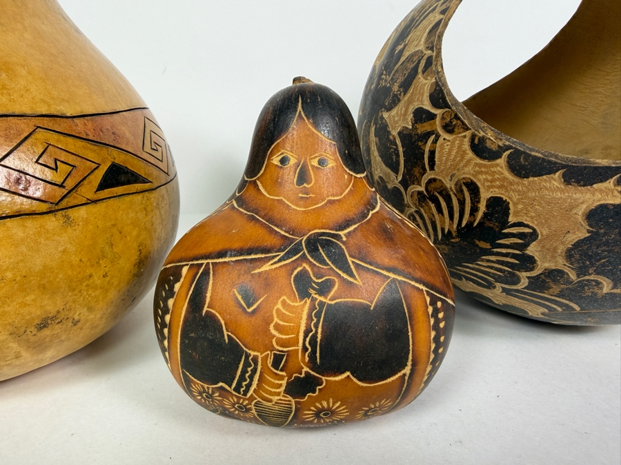 (3) Hand Carved Gourds 4.25'H - 8'H [Photo 9]