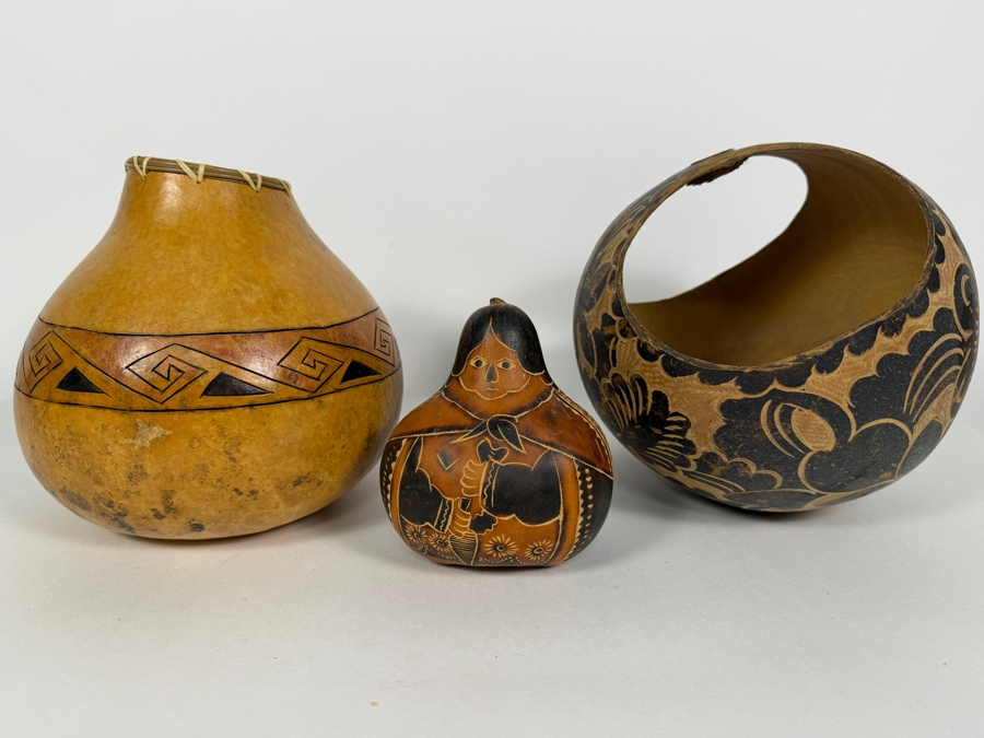 (3) Hand Carved Gourds 4.25'H - 8'H [Photo 7]