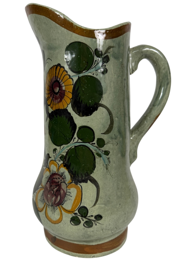 Vintage Mexican Tonala Pottery Pitcher Hand-Painted With Floral Designs 12H