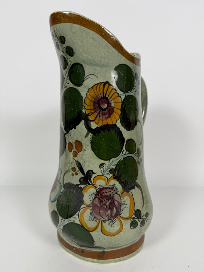Vintage Mexican Tonala Pottery Pitcher Hand-Painted With Floral Designs 12H [Photo 2]