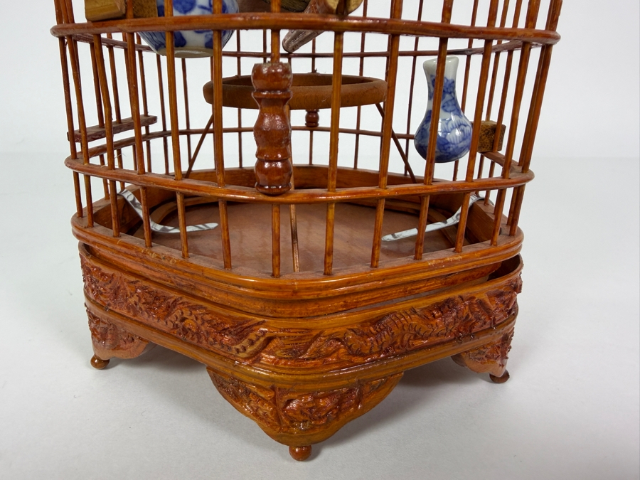 Small Vintage Chinese Bamboo And Wood Bird Cage 10H [Photo 5]