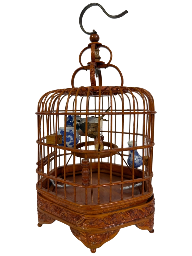 Small Vintage Chinese Bamboo And Wood Bird Cage 10H