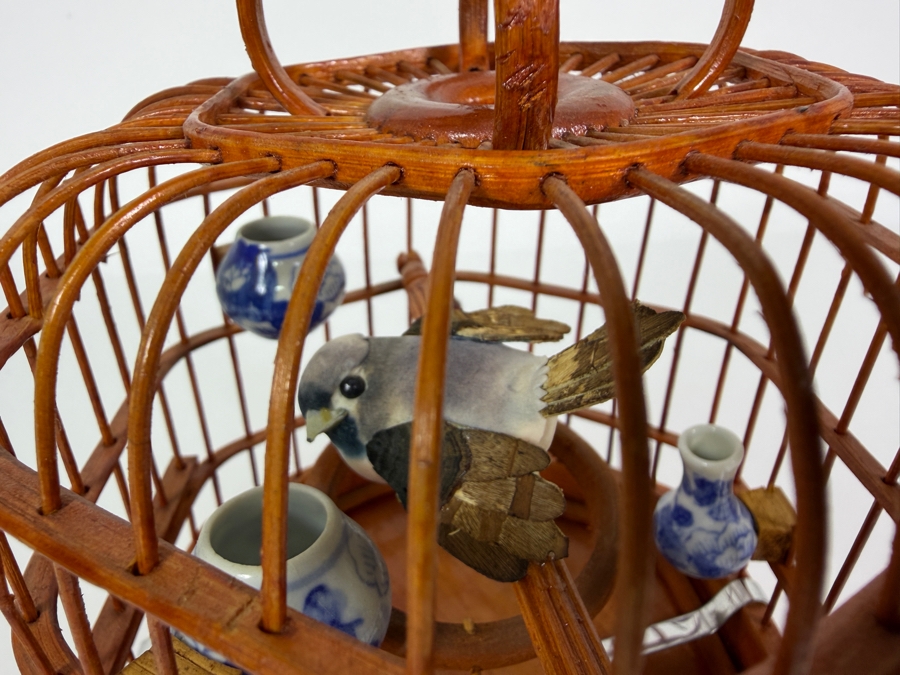 Small Vintage Chinese Bamboo And Wood Bird Cage 10H [Photo 3]