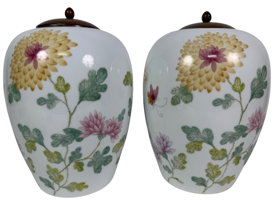 Pair of Vintage Gallery Originals Chrysanthemum Floral Porcelain Lidded Ginger Jars, 10'H
