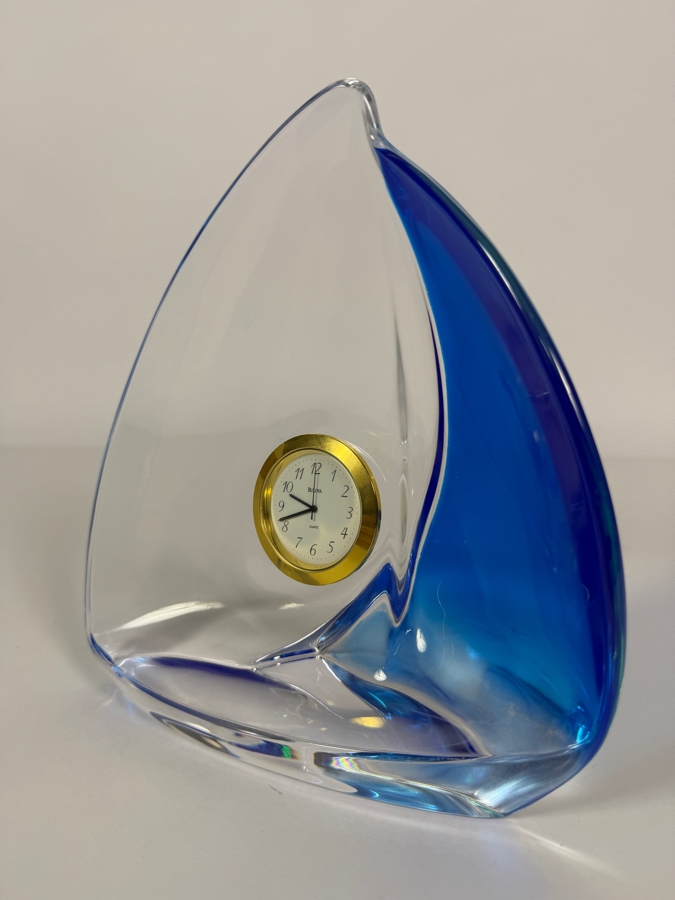 Vintage Bulova Murano Style Blue Clear Art Glass Sailboat Desk Clock, 7.75'H [Photo 4]