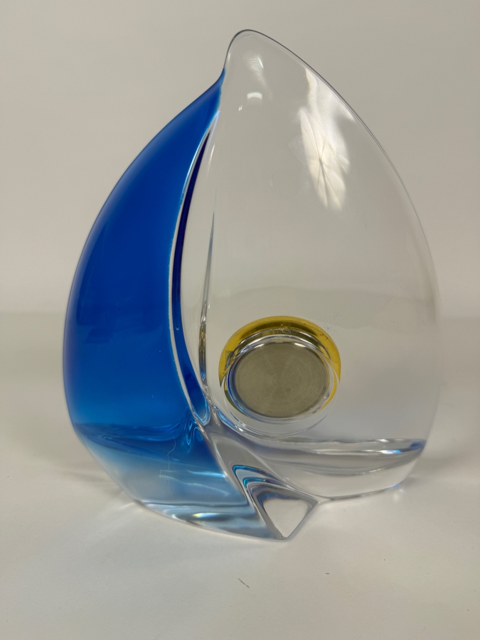 Vintage Bulova Murano Style Blue Clear Art Glass Sailboat Desk Clock, 7.75'H [Photo 3]
