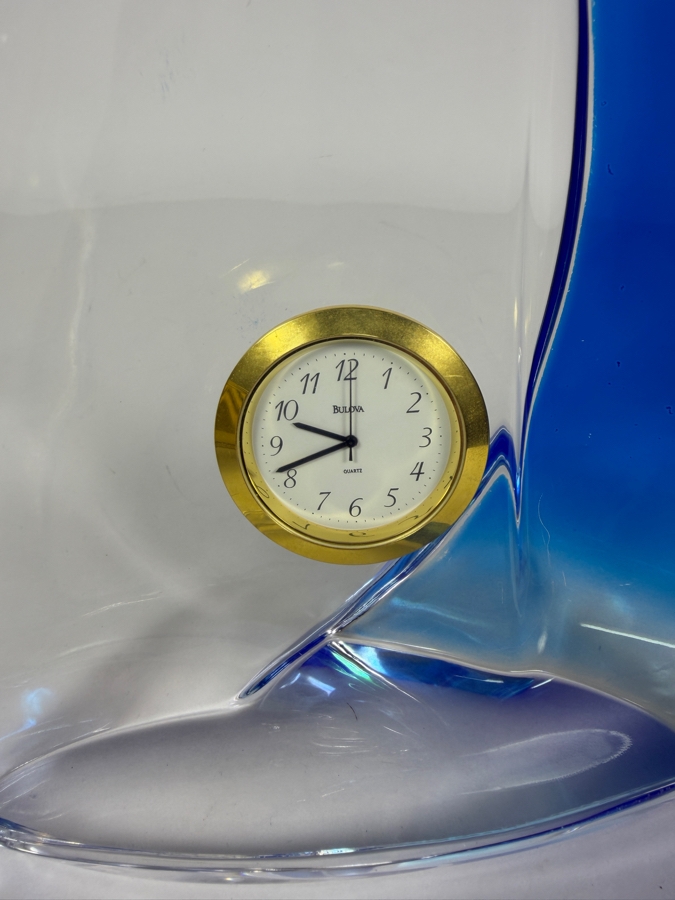 Vintage Bulova Murano Style Blue Clear Art Glass Sailboat Desk Clock, 7.75'H [Photo 2]