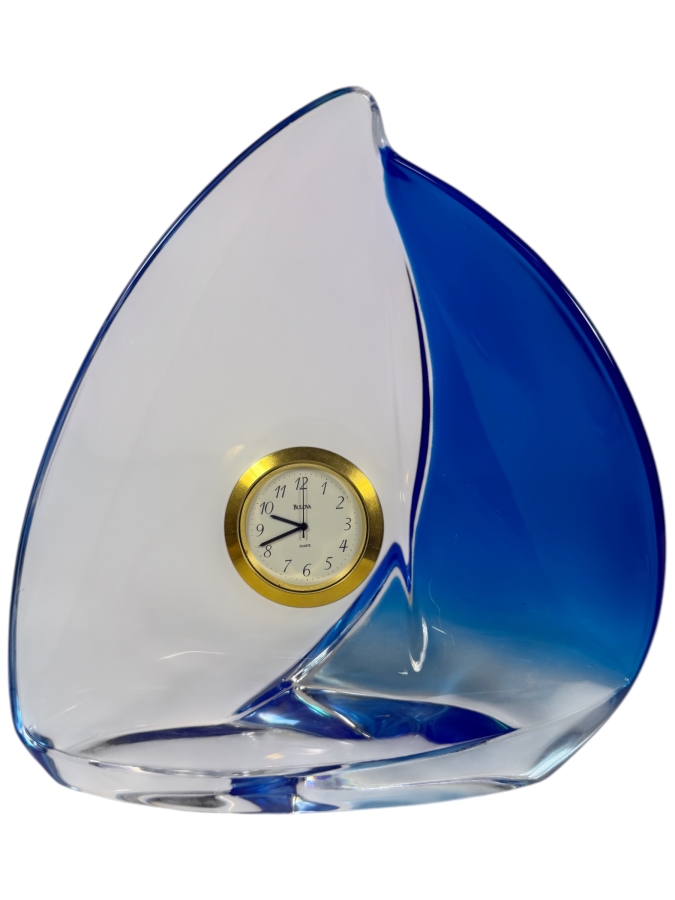 Vintage Bulova Murano Style Blue Clear Art Glass Sailboat Desk Clock, 7.75'H