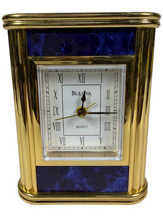 Vintage Bulova Quartz Brass Columns Blue Faux Marble Desk Carriage Clock, 4.75'H
