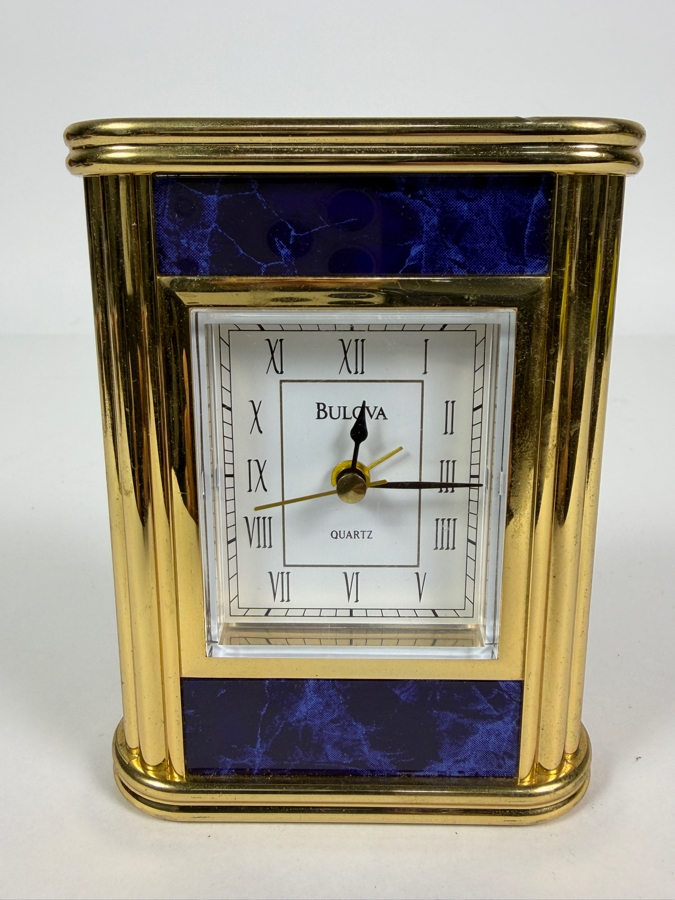 Vintage Bulova Quartz Brass Columns Blue Faux Marble Desk Carriage Clock, 4.75'H [Photo 2]