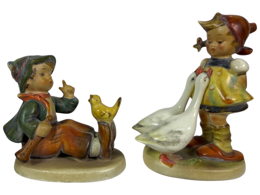 Vintage Goebel Hummel Style Wayside Harmony Boy And Goose Girl Ceramic Figurines Pair 3' - 4'H