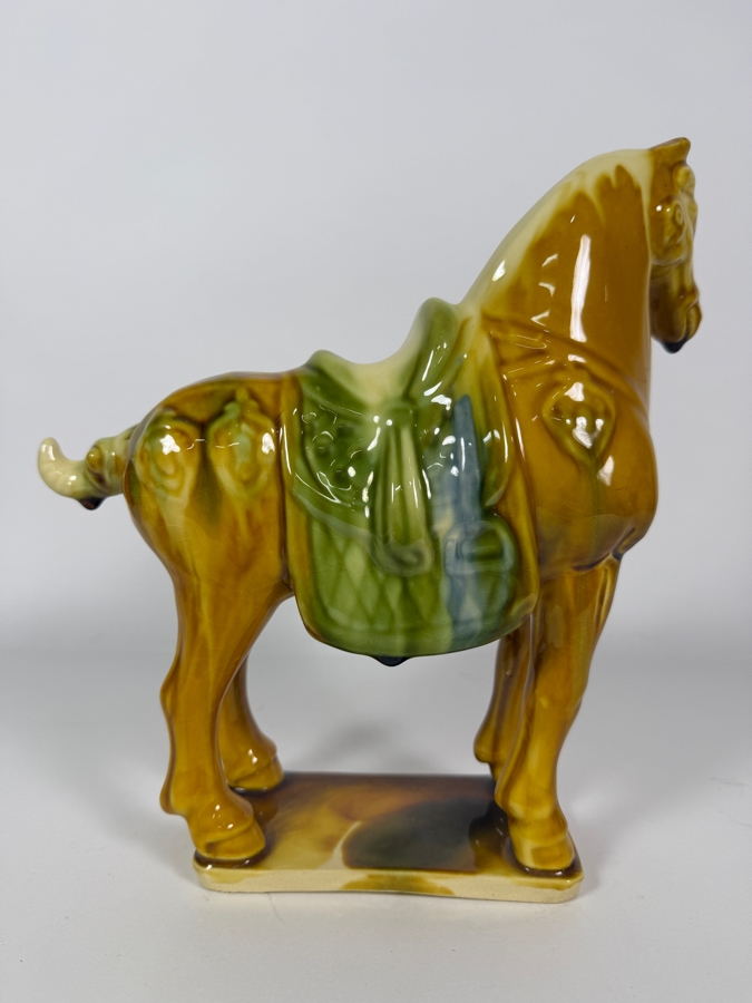 Vintage Chinese Tang Dynasty Style Sancai Amber Green Glaze Porcelain Horse Figurine 10.5'H [Photo 4]