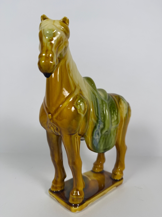 Vintage Chinese Tang Dynasty Style Sancai Amber Green Glaze Porcelain Horse Figurine 10.5'H [Photo 3]