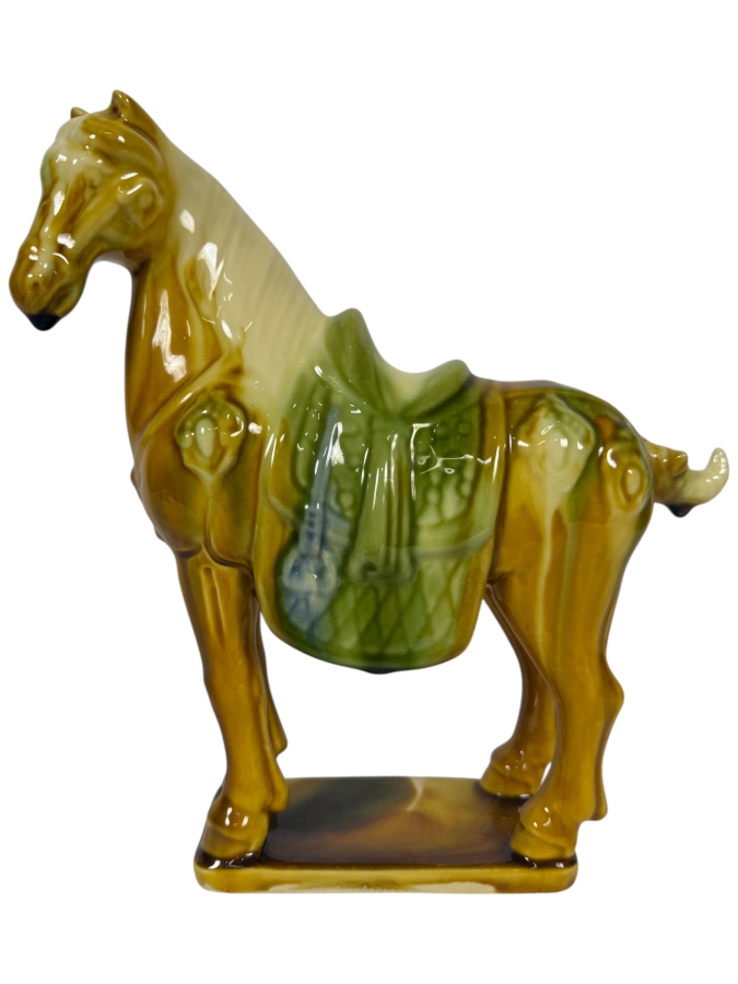 Vintage Chinese Tang Dynasty Style Sancai Amber Green Glaze Porcelain Horse Figurine 10.5'H