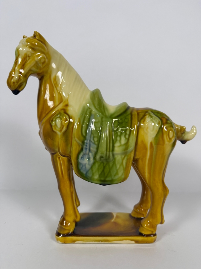 Vintage Chinese Tang Dynasty Style Sancai Amber Green Glaze Porcelain Horse Figurine 10.5'H [Photo 2]