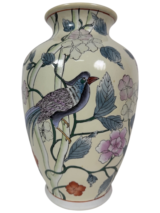 Vintage Chinese Qianlong Nian Zhi Pastel Macau Style Birds And Floral Porcelain Vase, 12.5'H