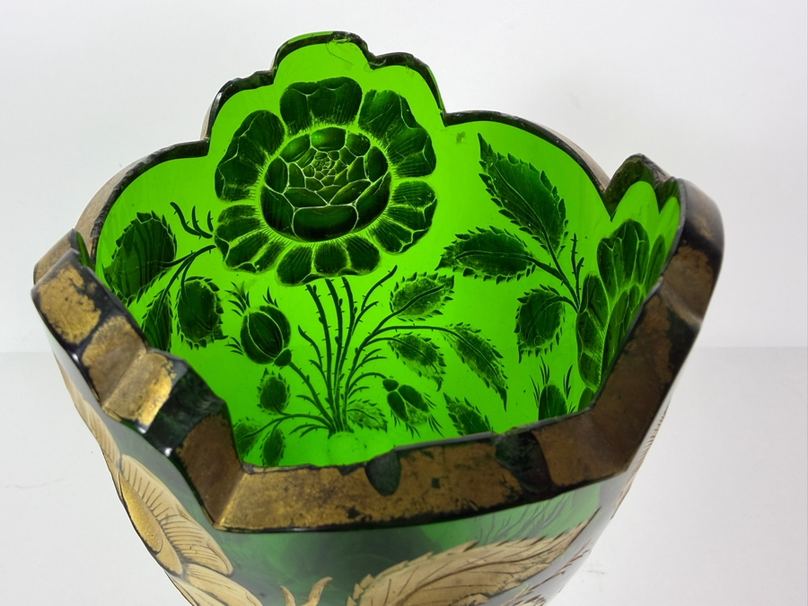 Vintage Bohemian Emerald Green Glass Art Nouveau Gold Gilt Rose Flower Vase, 11.5'H [Photo 7]