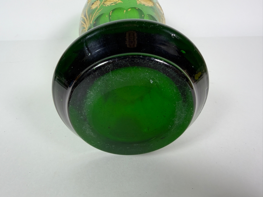 Vintage Bohemian Emerald Green Glass Art Nouveau Gold Gilt Rose Flower Vase, 11.5'H [Photo 8]
