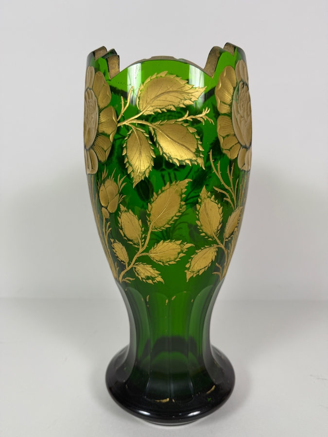 Vintage Bohemian Emerald Green Glass Art Nouveau Gold Gilt Rose Flower Vase, 11.5'H [Photo 3]