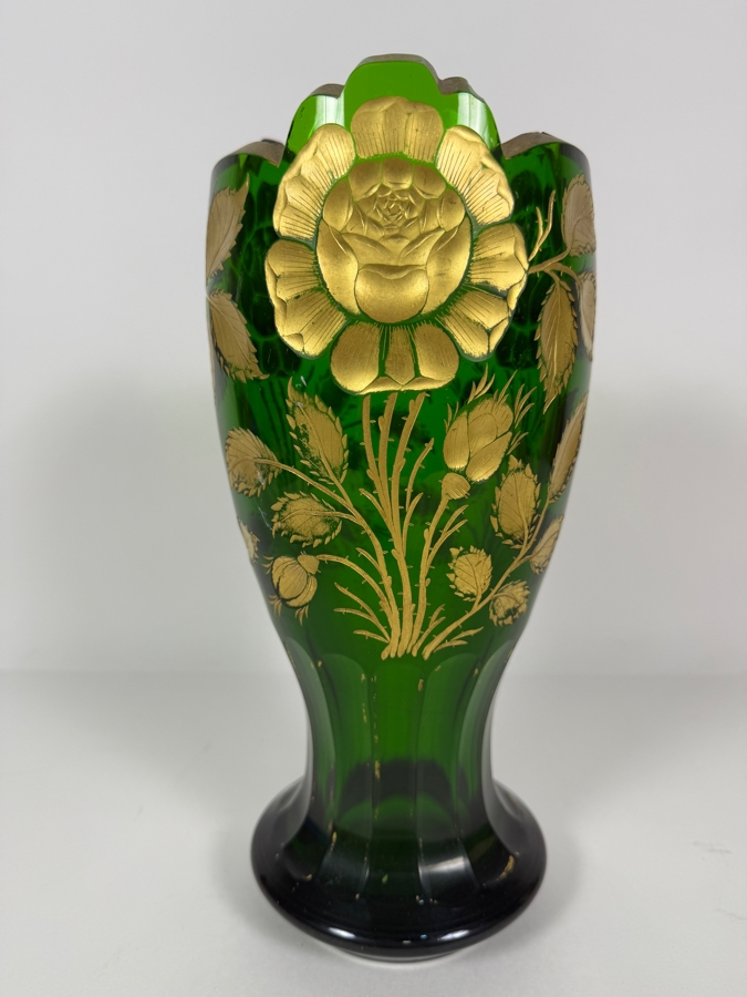 Vintage Bohemian Emerald Green Glass Art Nouveau Gold Gilt Rose Flower Vase, 11.5'H [Photo 4]