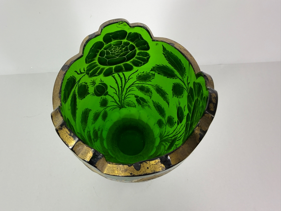 Vintage Bohemian Emerald Green Glass Art Nouveau Gold Gilt Rose Flower Vase, 11.5'H [Photo 6]