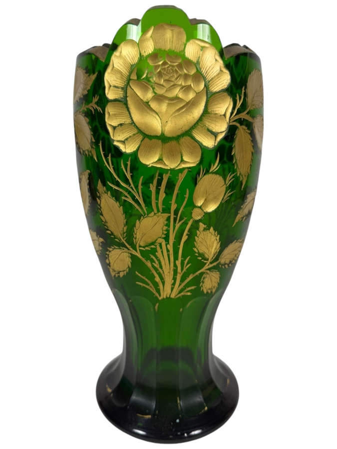 Vintage Bohemian Emerald Green Glass Art Nouveau Gold Gilt Rose Flower Vase, 11.5'H