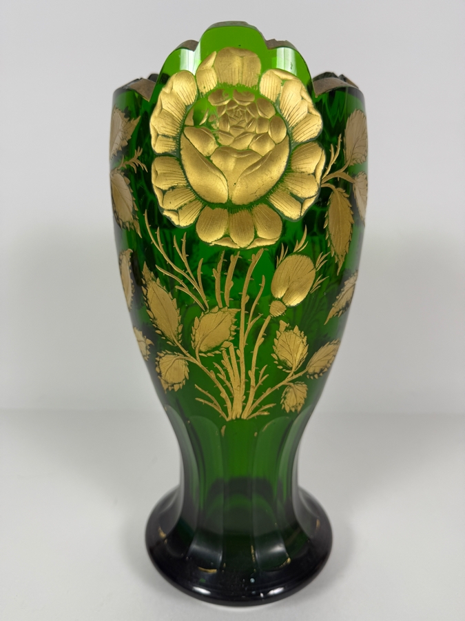 Vintage Bohemian Emerald Green Glass Art Nouveau Gold Gilt Rose Flower Vase, 11.5'H [Photo 2]