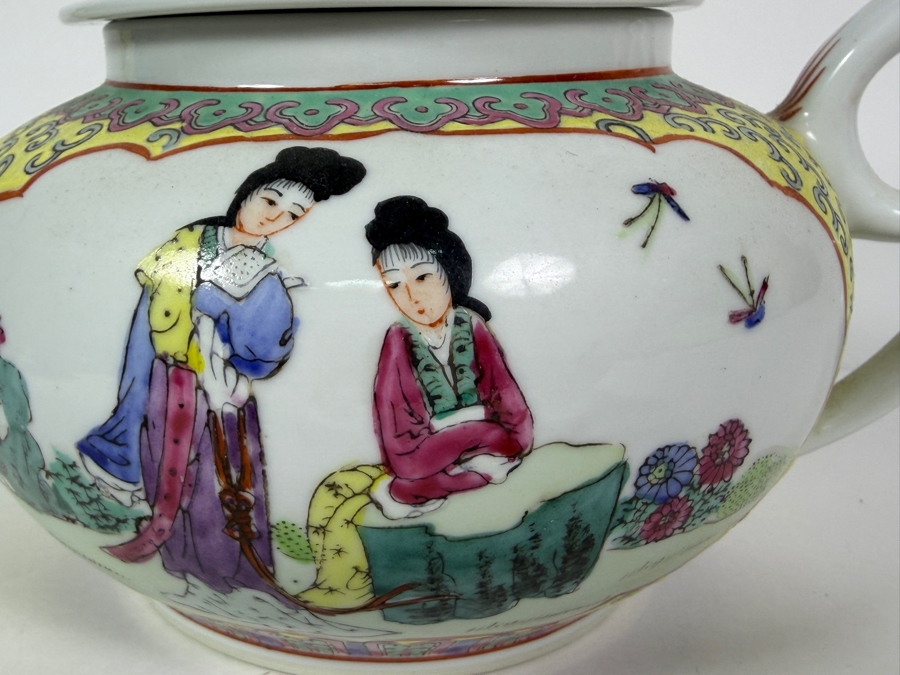 Vintage Chinese Qianlong Nian Zhi Famille Rose Yellow Ground Geisha Porcelain Teapot, 5'H [Photo 3]