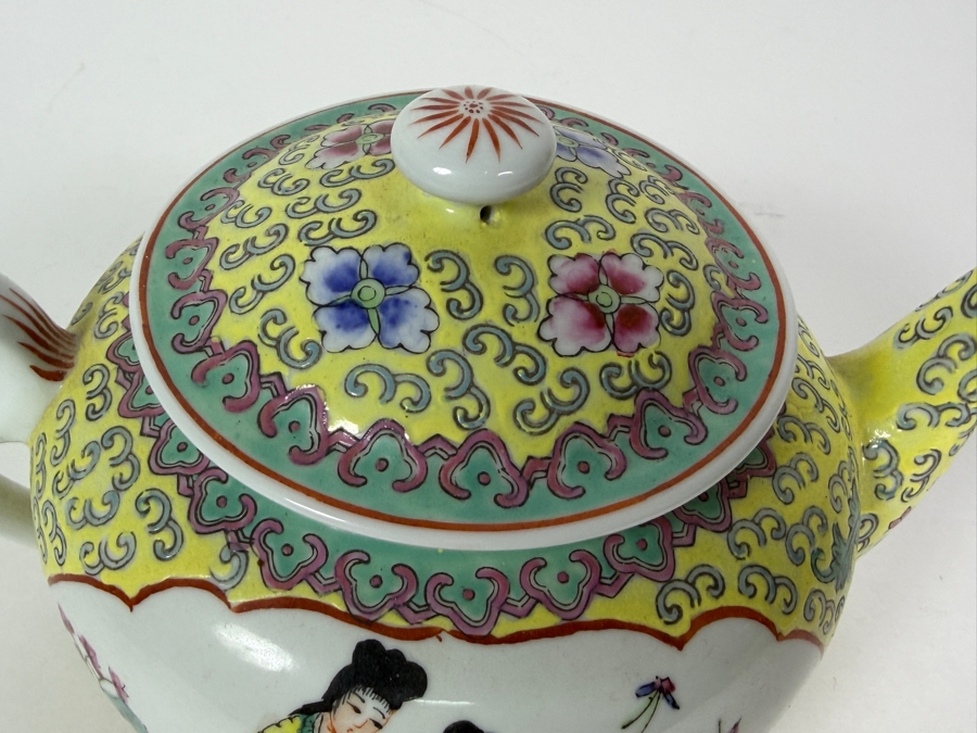 Vintage Chinese Qianlong Nian Zhi Famille Rose Yellow Ground Geisha Porcelain Teapot, 5'H [Photo 6]