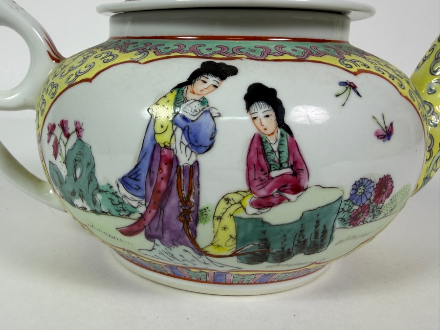 Vintage Chinese Qianlong Nian Zhi Famille Rose Yellow Ground Geisha Porcelain Teapot, 5'H [Photo 5]
