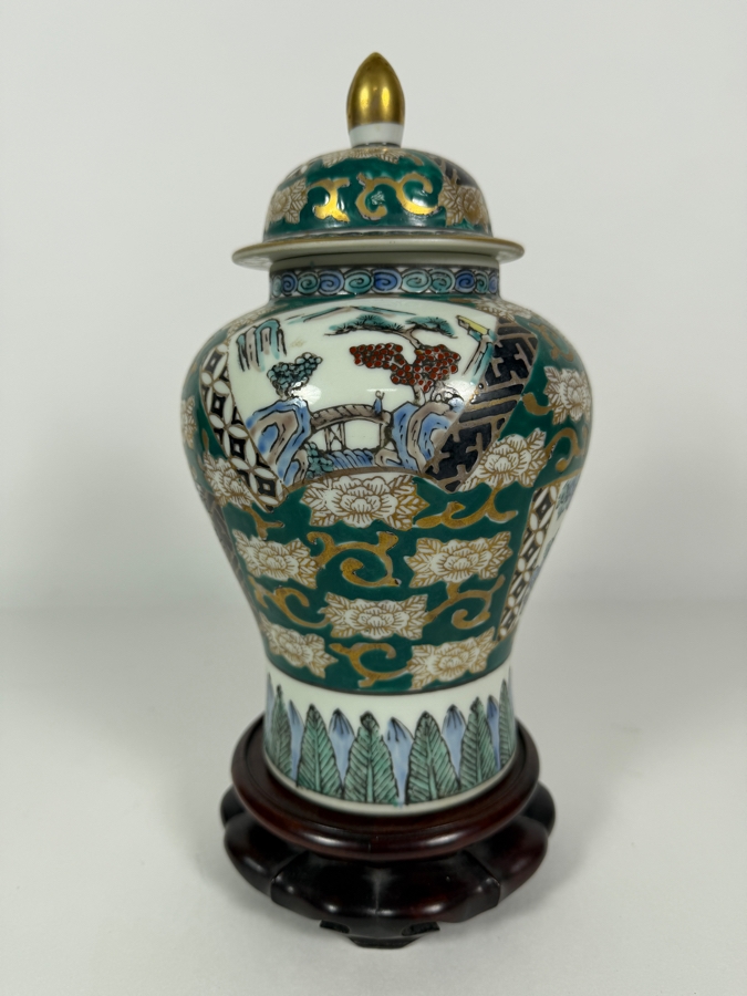 Vintage Gold Imari Hand Painted Green Gilt Floral Lidded Ginger Jar On Wooden Stand, 11.5'H [Photo 3]