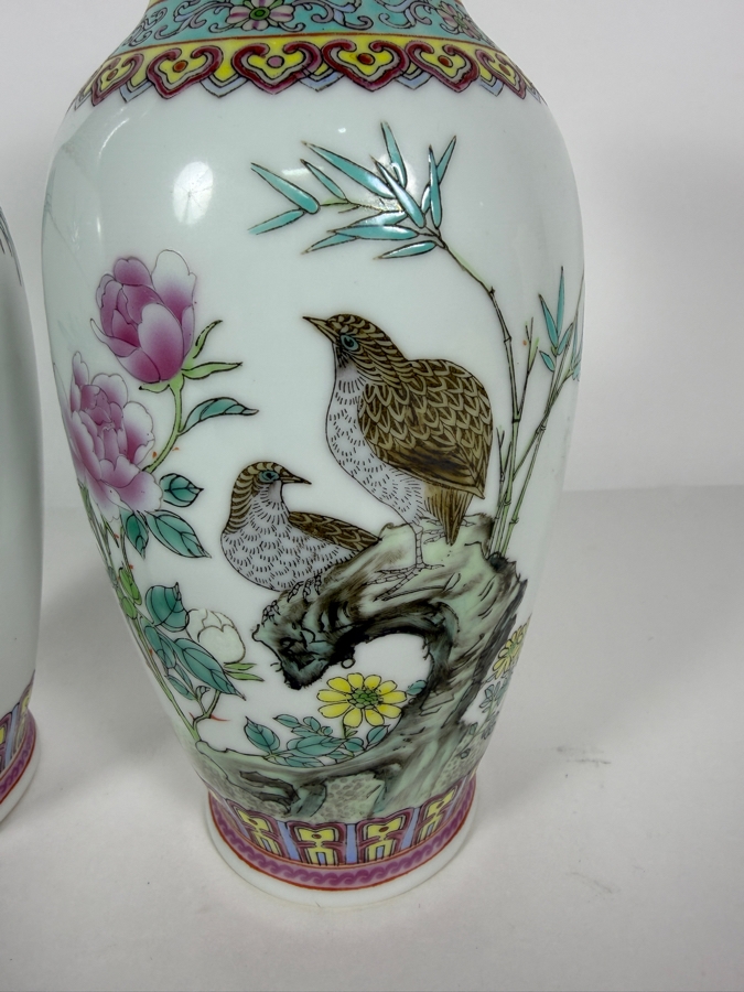 Vintage Chinese Jingdezhen Zhi Famille Rose Birds And Peony Flower Vases Pair, 10'H [Photo 4]