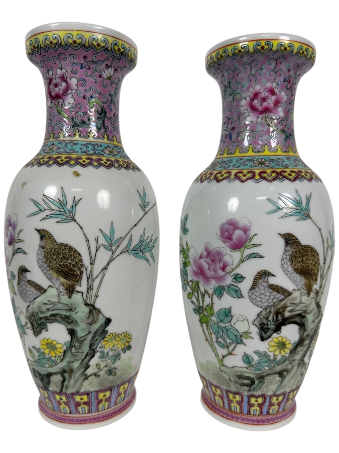 Vintage Chinese Jingdezhen Zhi Famille Rose Birds And Peony Flower Vases Pair, 10'H