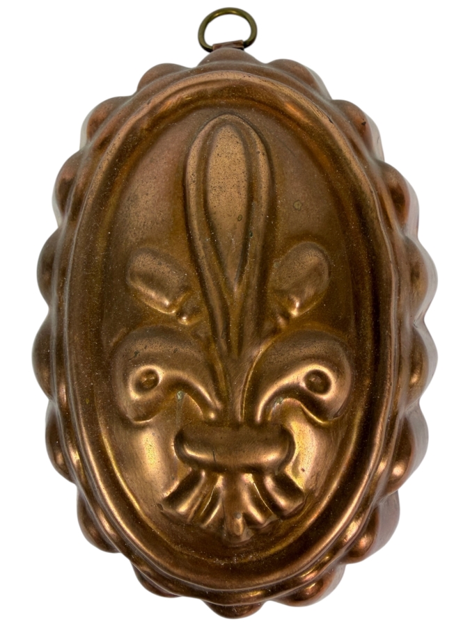 Vintage Fleur De Lis Oval Copper Tin Jello Cake Jelly Kitchen Wall Hanging Mold, 6.5'H