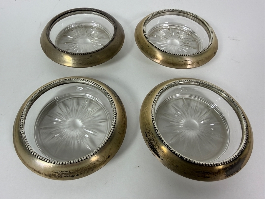 Vintage Frank M. Whiting Sterling Silver Starburst Cut Glass Coasters Set 3.5'W [Photo 3]