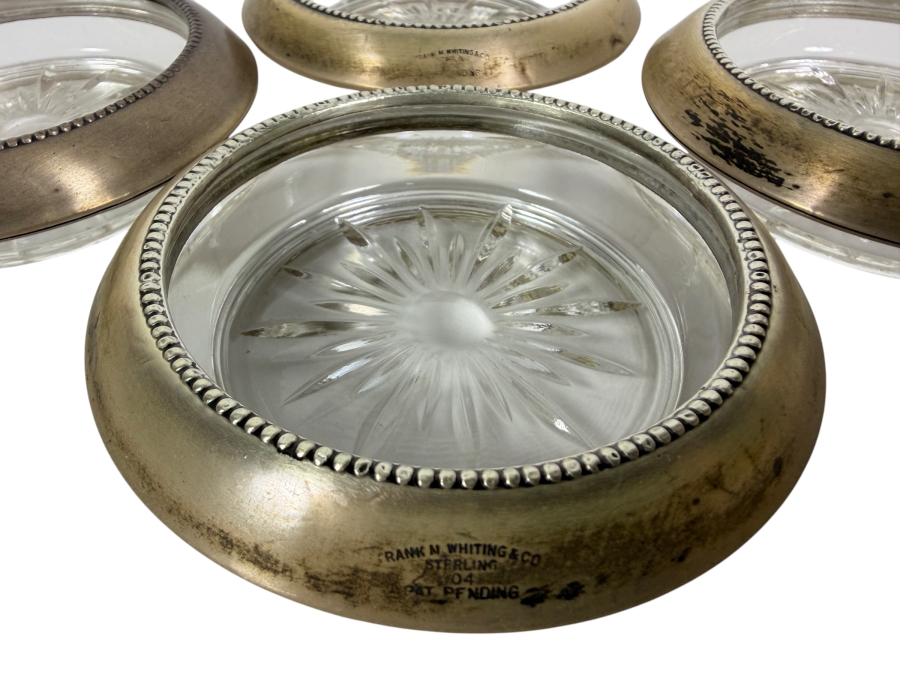 Vintage Frank M. Whiting Sterling Silver Starburst Cut Glass Coasters Set 3.5'W