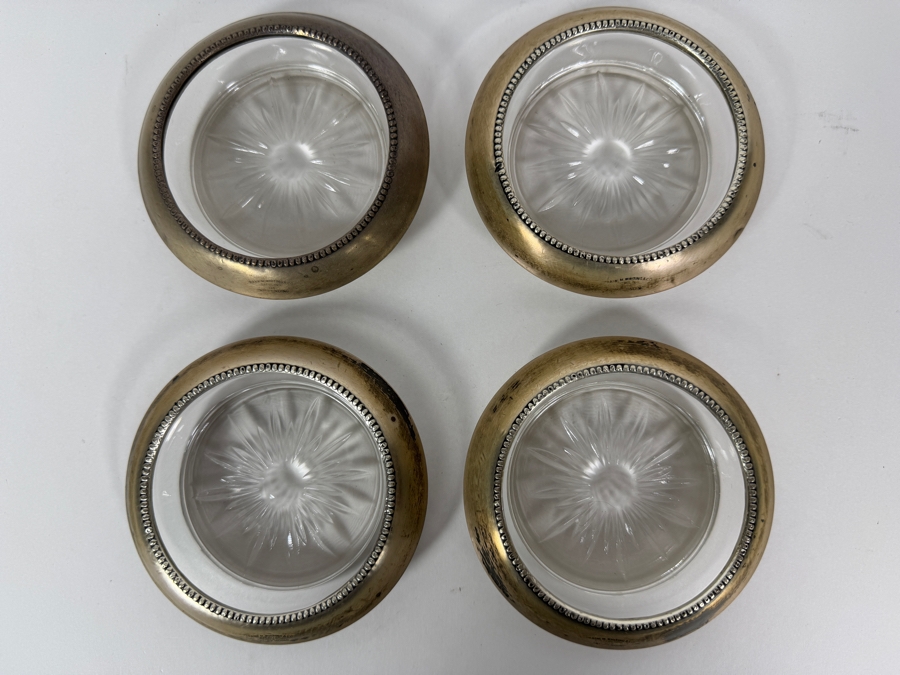 Vintage Frank M. Whiting Sterling Silver Starburst Cut Glass Coasters Set 3.5'W [Photo 2]