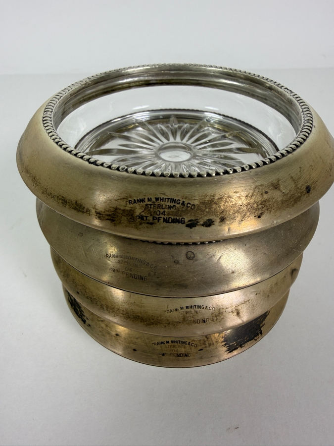 Vintage Frank M. Whiting Sterling Silver Starburst Cut Glass Coasters Set 3.5'W [Photo 5]