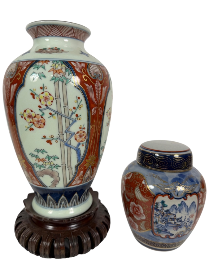 Vintage Japanese Imari Floral Porcelain Vase On Wooden Stand And Ginger Jar Set, 5' - 10'H