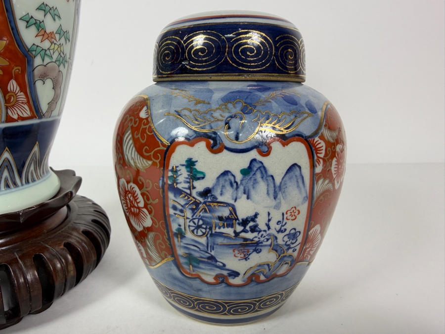 Vintage Japanese Imari Floral Porcelain Vase On Wooden Stand And Ginger Jar Set, 5' - 10'H [Photo 3]