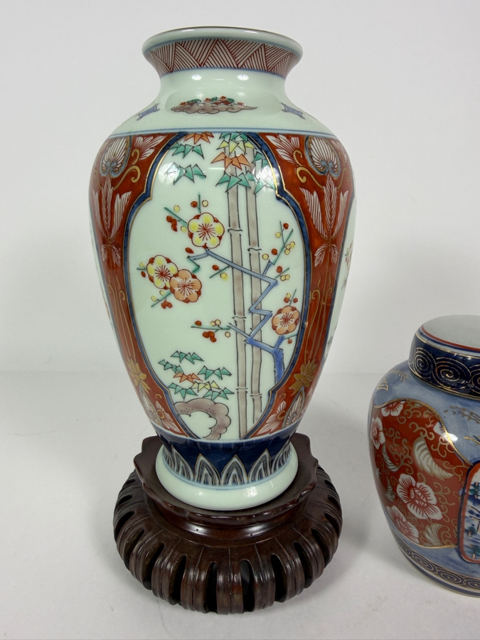 Vintage Japanese Imari Floral Porcelain Vase On Wooden Stand And Ginger Jar Set, 5' - 10'H [Photo 2]