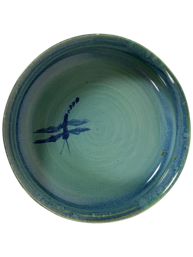Vintage Clearwater Pottery Turquoise Teal Glazed Dragonfly Ceramic Bowl, 7.5'W