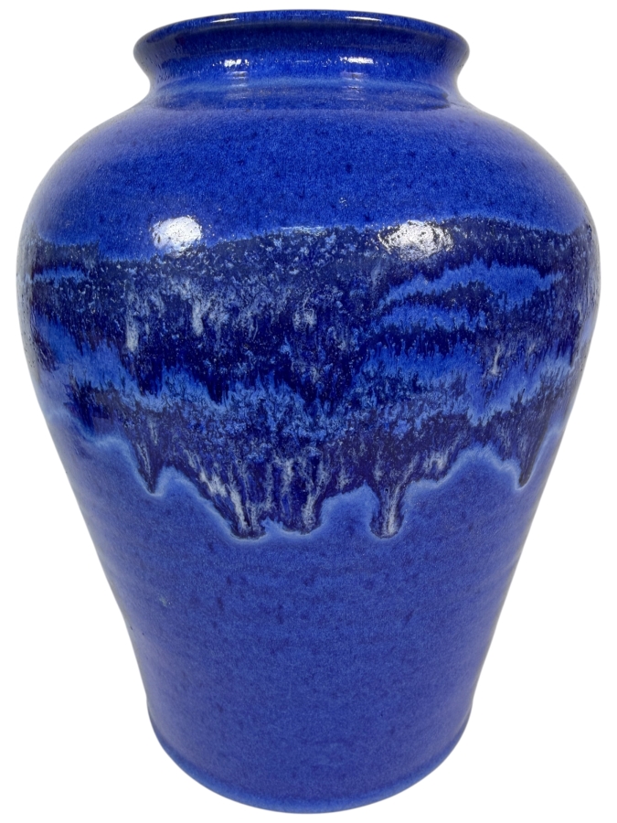 Handmade Signed Artisan Cobalt Blue Drip Glazed Studio Art Pottery Stoneware Vase, 11'H
