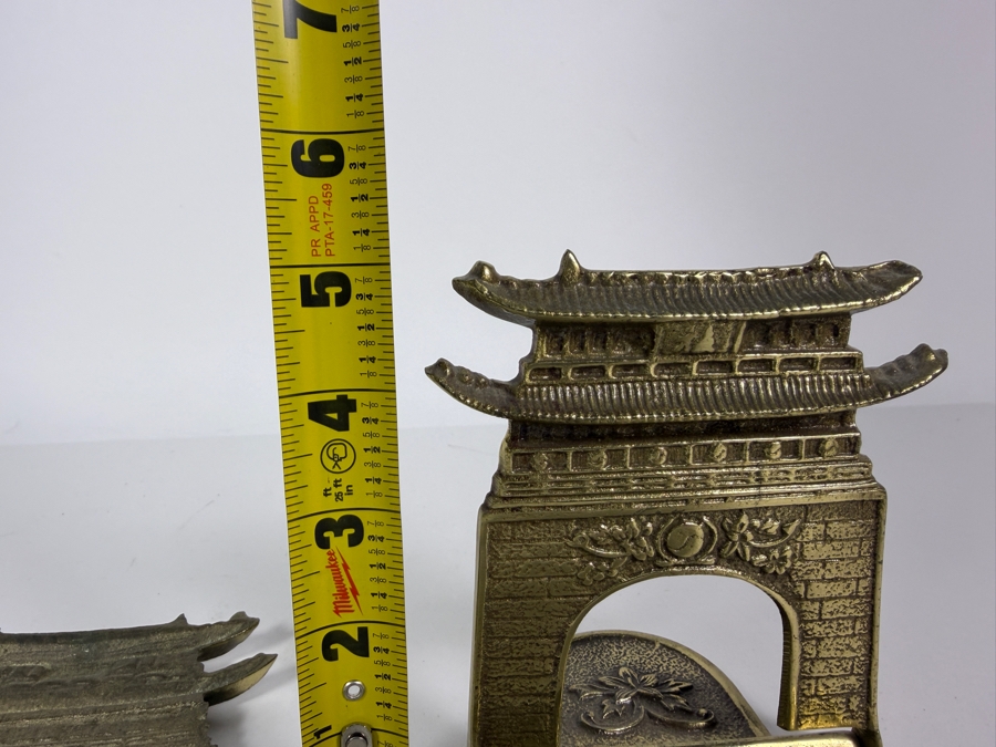 Vintage Chinese Asian Cast Brass Pagoda Gate Architecture Folding Bookends Pair, 5'H [Photo 5]