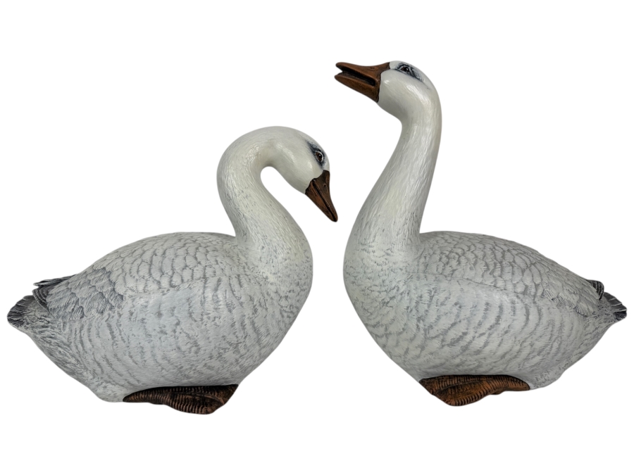 Vintage MK Heartstrings Signed Josh And Molly Ann Ceramic Goose Swan Figurine Pair, 9' - 12'H