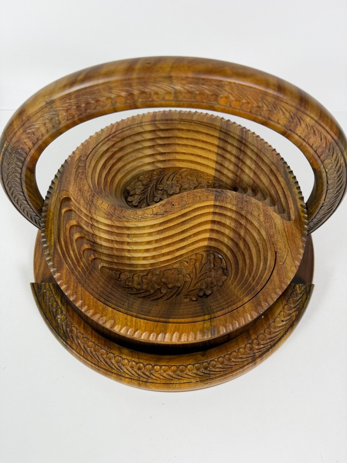 Vintage Hand Carved Wooden Collapsible Fruit Nuts Basket Yin Yang Divided Bowl, 12'W [Photo 2]