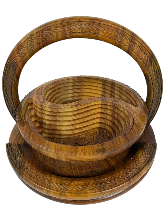 Vintage Hand Carved Wooden Collapsible Fruit Nuts Basket Yin Yang Divided Bowl, 12'W