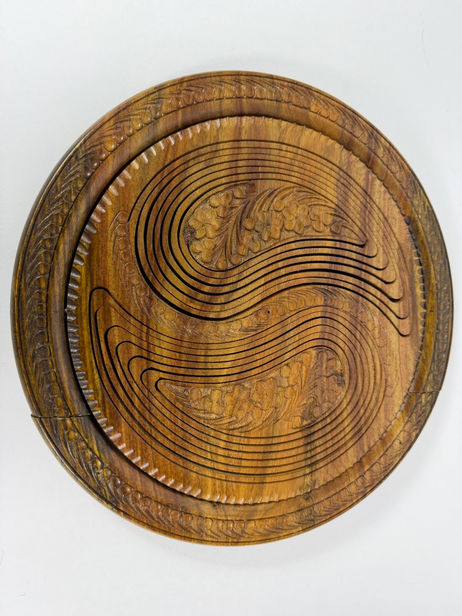 Vintage Hand Carved Wooden Collapsible Fruit Nuts Basket Yin Yang Divided Bowl, 12'W [Photo 3]